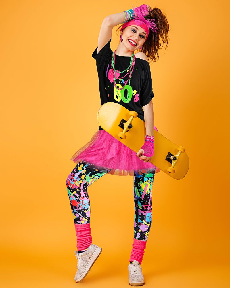 Vabean 19 Pcs 80s Costume Set T Shirt Leggings Tutu Skirt Headband Necklace Bracelets Earrings Gloves Leg Warmers for Women (Colorful Leggings Small) - Image 5